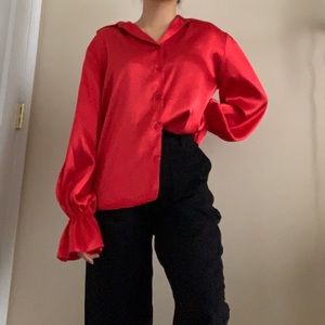 red silk/satin button down top